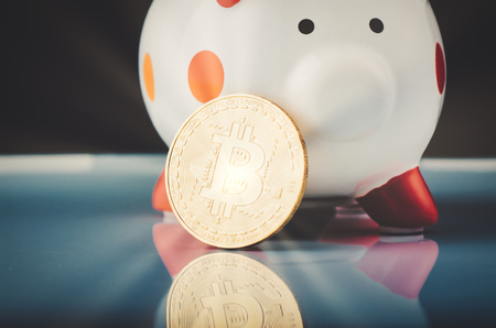 Virtual Cryptocurrency and Blockchain Technology concept, golden bitcoin on and piggy bank over...