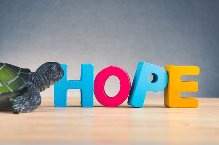 HOPE word made from wooden letter on desk over gently lit dark background