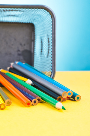 close-up image of colourful pencils over beautiful reverberation gradient backgroundの写真素材