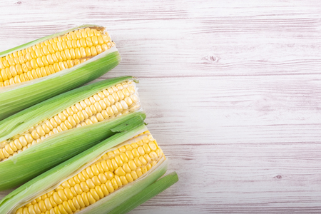 fresh raw sweet corn on the cob kernels over wooden backgroundの写真素材