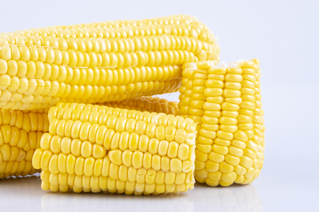 fresh raw sweet corn on the cob kernels over white backgroundの写真素材