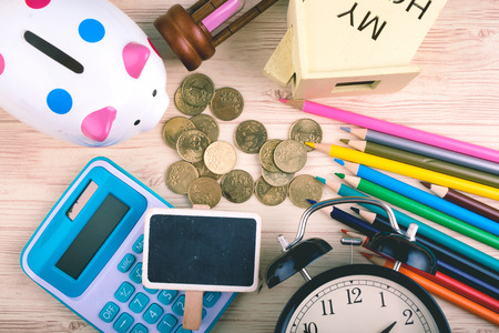 flat lay top view shot, scattered home office workspace or desk concept with accessories and stationeryの写真素材