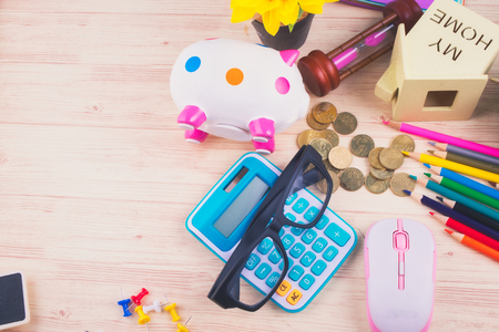 flat lay top view shot, scattered home office workspace or desk concept with accessories and stationeryの写真素材