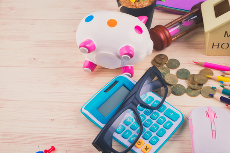 flat lay top view shot, scattered home office workspace or desk concept with accessories and stationeryの写真素材