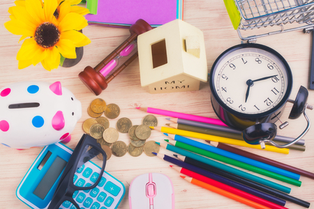 flat lay top view shot, scattered home office workspace or desk concept with accessories and stationeryの写真素材