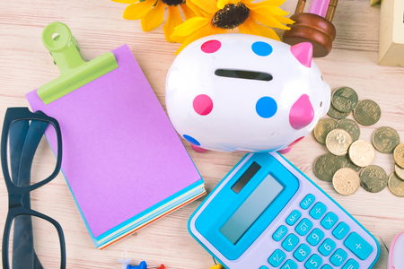 flat lay top view shot, scattered home office workspace or desk concept with accessories and stationeryの写真素材