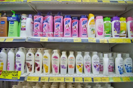 KAJANG, MALAYSIA - 28 MAY 2019: Shelves with variety of hair and bodycare products display in supermarketのeditorial素材