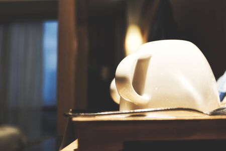 Coffee making set in a hotel room. selective focus and shallow depth of fieldの写真素材