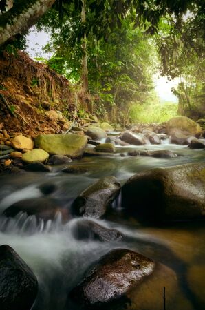 Beautiful tropical waterfall in lush surrounded by green forest.wet rock and moss.selective focus shot.の写真素材