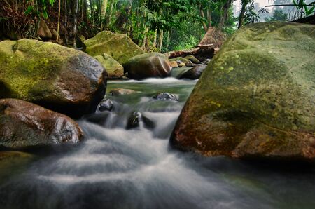 Beautiful tropical waterfall in lush surrounded by green forest.wet rock and moss.selective focus shot.の写真素材