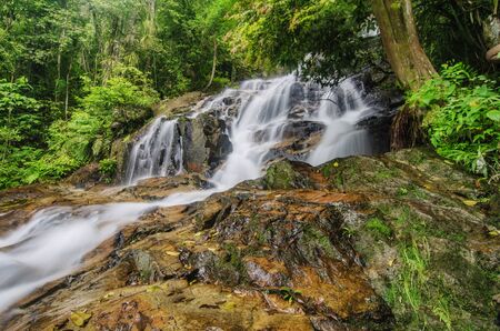 Beautiful tropical waterfall in lush surrounded by green forest.wet rock and moss.selective focus shot.の写真素材