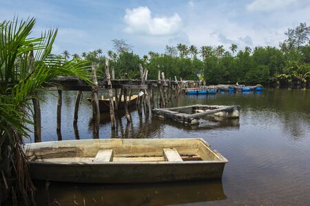 Traditional fishing village scenery located in Terengganu, Malaysia under blue sky backgroundの写真素材