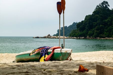 kayak for rental at the beach during summer vacation at Pangkor Island located in Perak State, Malaysiaの写真素材