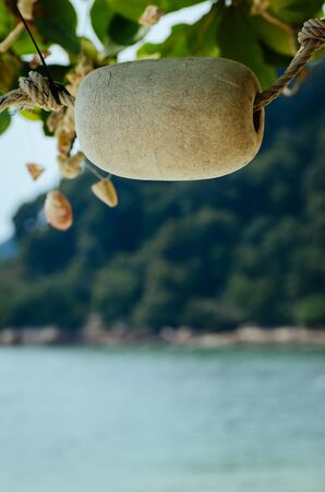 small foam ball buoy for fishing net float hanging on tree under bright sunny day background