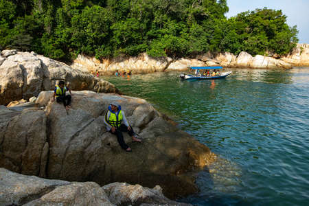 PANGKOR ISLAND, MALAYSIA - MARCH 15, 2020: main attractive activities at Nipah Bay is island hopping and discover beautiful nature of Coral Islandのeditorial素材