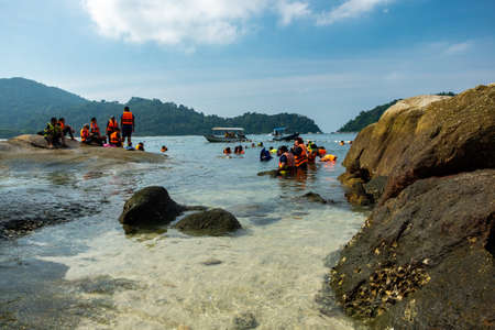 PANGKOR ISLAND, MALAYSIA - MARCH 15, 2020: main attractive activities at Nipah Bay is island hopping and discover beautiful nature of Coral Islandのeditorial素材