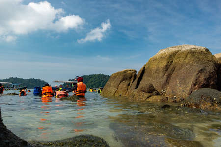 PANGKOR ISLAND, MALAYSIA - MARCH 15, 2020: main attractive activities at Nipah Bay is island hopping and discover beautiful nature of Coral Islandのeditorial素材