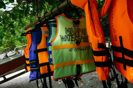 PANGKOR ISLAND, MALAYSIA - MARCH 15, 2020:life jacket for beach activities during summer vacation at...