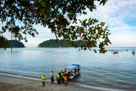 PANGKOR ISLAND, MALAYSIA - MARCH 15, 2020: Boat for island hopping and water sport activities at Nipah Bayのeditorial素材