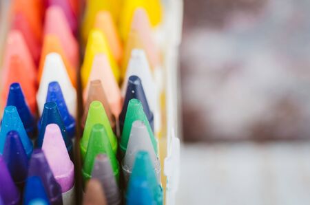close up set mix color of crayons in the white box.selective focus shotの写真素材