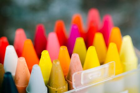 close up set mix color of crayons in the white box.selective focus shotの写真素材