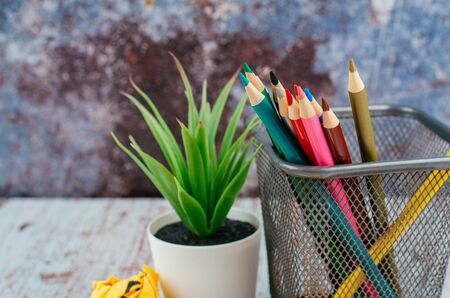 Back to school and offices stationary concept, stack of colored pens marker In a metal case, crumple paper and artificial plant on wooden deskの写真素材