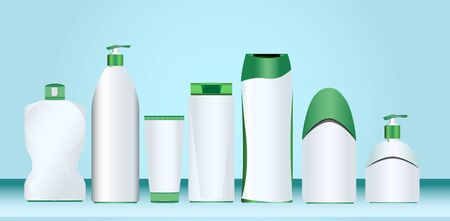 realistic white and green blank cosmetic plastic bottles on color backgroundのイラスト素材