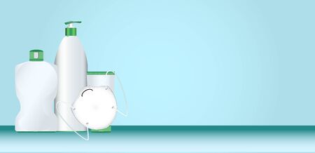 Collection of realistic white and green hand sanitizer plastic bottles with medical mask on color backgroundのイラスト素材