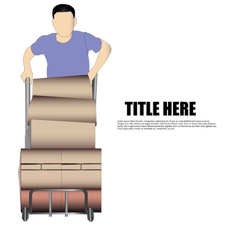 Warehouse worker or delivery man at work pulling wheelbarrows with boxes. Text Area for title on rightのイラスト素材