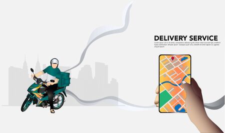 man courier riding motorcycle with carrier box ready for food or goods deliveryのイラスト素材