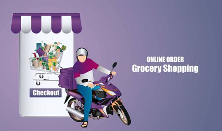 man courier riding motorcycle with carrier box ready for food or goods deliveryのイラスト素材