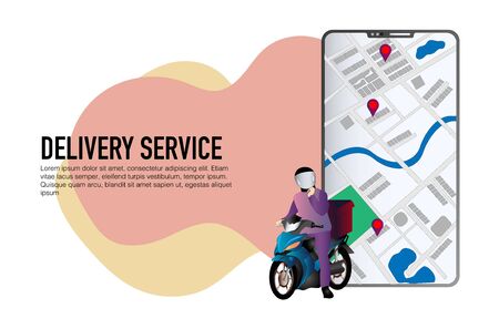 man courier riding motorcycle with carrier box ready for food or goods deliveryのイラスト素材