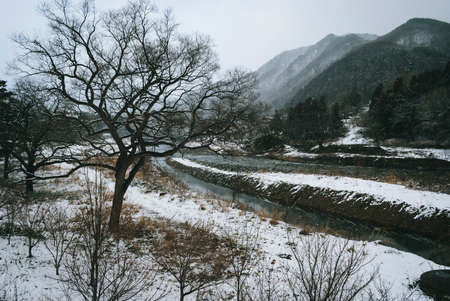 white snow and river landscape during winter season in Japanの写真素材