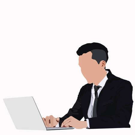 young businessman sitting and working with laptop over white backgroundのイラスト素材