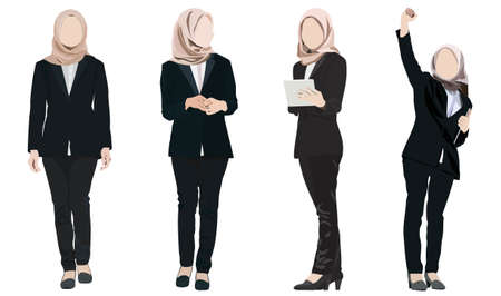 Different poses set vector illustration of young businesswoman standing  in formal dressのイラスト素材