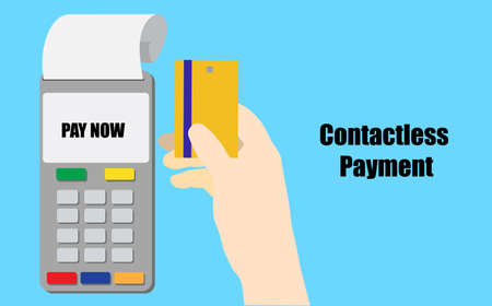 Vector illustration of contactless payments concept, Pos terminal set and customer holding card for payment transactionのイラスト素材