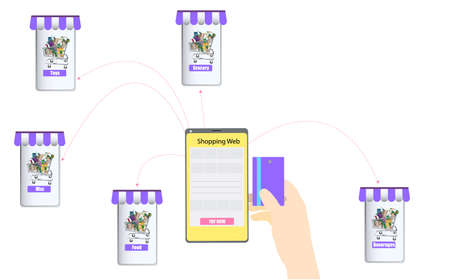 Vector illustration of contactless payments concept, Pos terminal set and customer holding card for payment transactionのイラスト素材