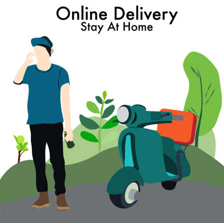 Vector illustration Concept of Online delivery package by scooter or motocycle  on mobile phone applicationのイラスト素材