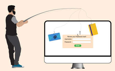 vector illustration concept of web security, hacker trying attack via phishing email, stealing digital information from victimのイラスト素材
