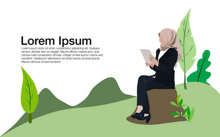 Vector illustration of young hijab woman sitting at park with mobile phoneのイラスト素材