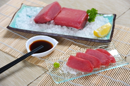 Tuna Sashimi freshly served with wasabi and soya sauceの写真素材