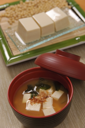 Miso Soup with fresh tofu and soya beansの写真素材