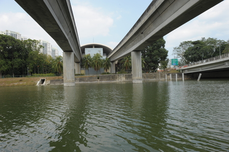 Singapore, Feb 25, 2014 - View of Singapore MRT Station and railway tracks built above water taken in the day on Feb 25, 2014のeditorial素材
