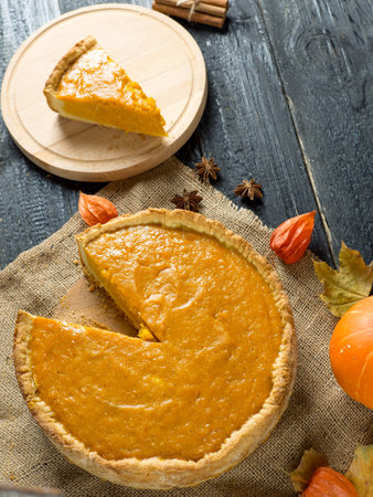 Traditional pumpkin pie for thanksgivingの写真素材