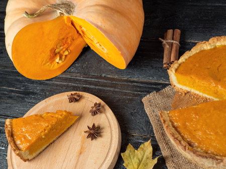 Traditional pumpkin pie for thanksgivingの写真素材