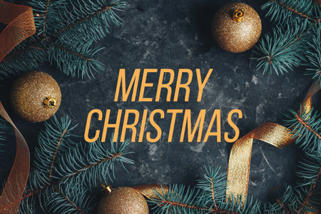 Merry Christmas greeting text centered on Christmas background with Golden balls and Christmas tree branchesの写真素材