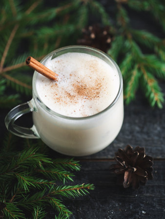 Eggnog winter Christmas drink on the table with cinnamon and spruce branchesの写真素材