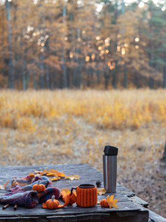 A cup of hot coffee on a wooden table in the forest, a knitted warm colorful scarf. Autumn golden forest copy spaceの写真素材