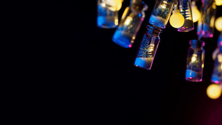 Christmas background, small Christmas tree in a glass jar garland, neon lighting, copyspace