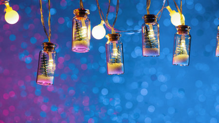 A small Christmas tree in a glass jar garland, merry Christmas background, neon bokeh.